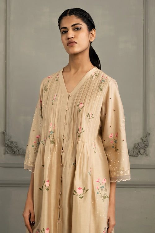 Beige Pleated Tunic Set