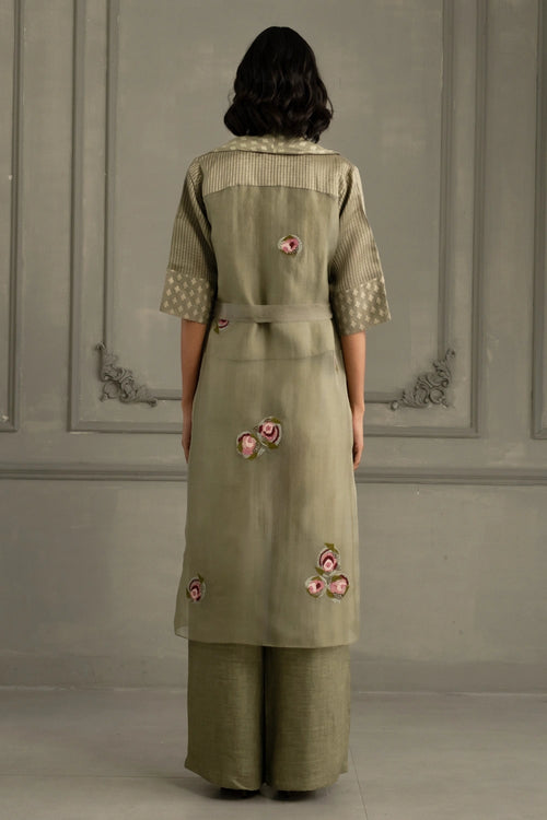 Sage Green Appliqué Organza Jacket with Top And Linen Pants
