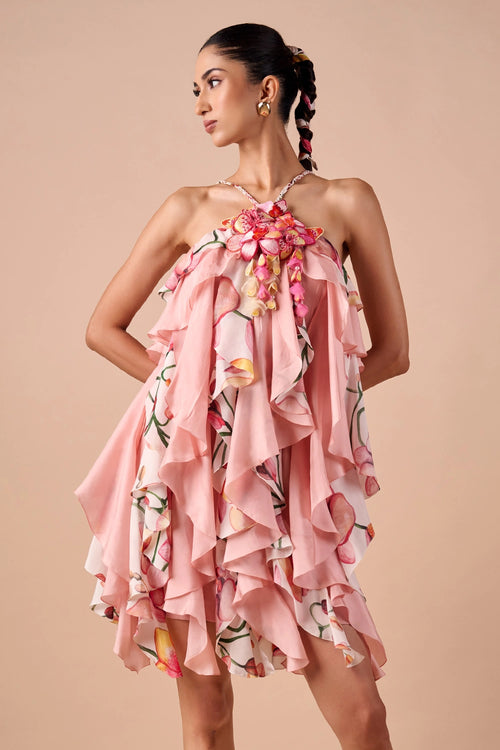 Pink Printed Ruffle Dress