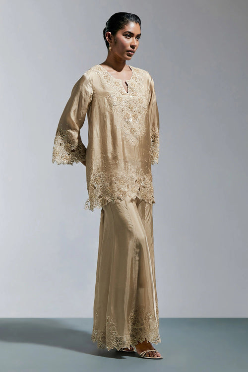 Shell Floral Threadwork Silk Sharara Set