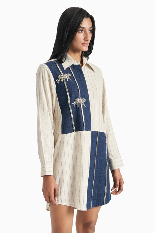 Beige Stripes Dark Denim Herringone Panel Shirt Dress