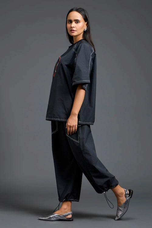 Black Oversized Floral Drawstring Co-ord Set