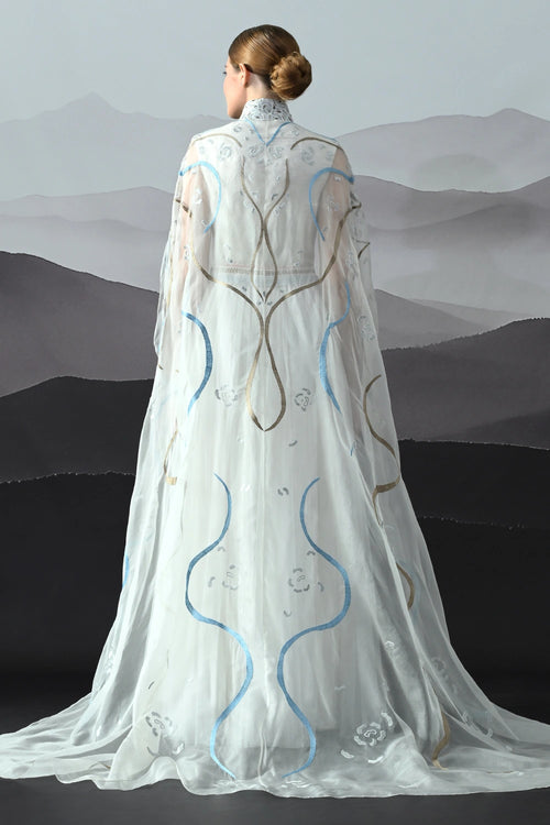 Ivory Gown With Artisanal Stripe Embroidery And Translucent Overlay