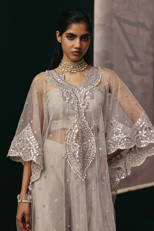 V Neck Mirrorwork Tulle Applique Kaftan
