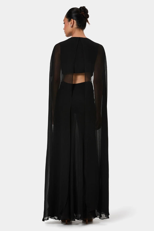 Black Embellished Draped Shoulder Gown