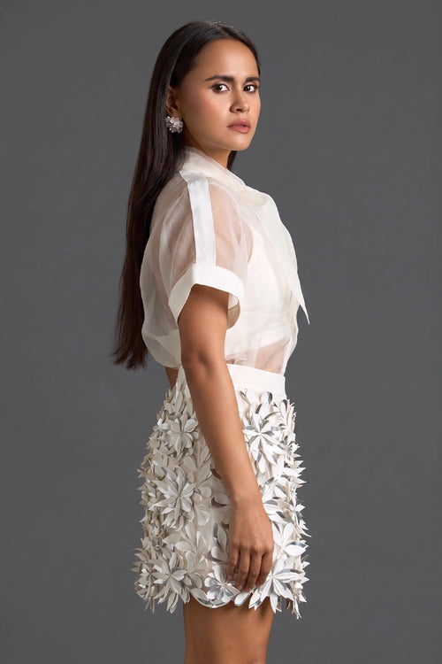 Sheer Top with Silver Floral Embroidery