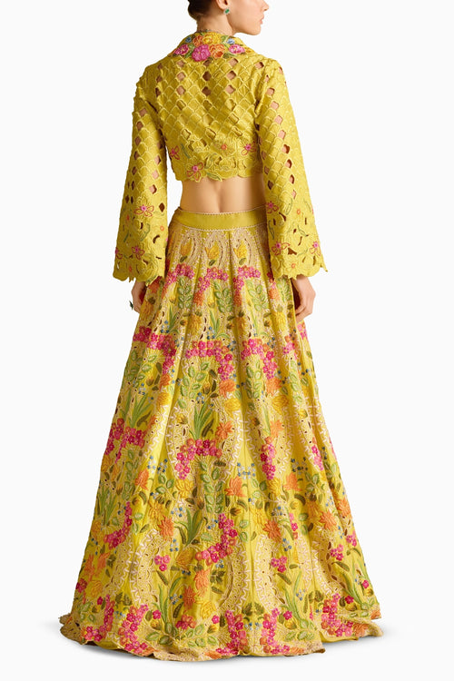Yellow Cutwork Bolero Jacket And Lehenga