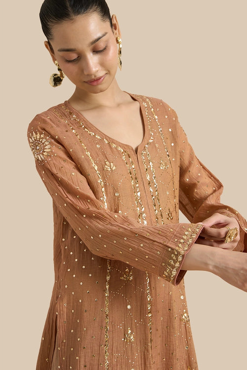Tissue Kalidar Set With Kamdani Embroidery Aborned With Moti And Mirror Work