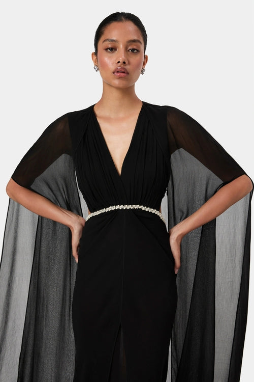 Black Embellished Draped Shoulder Gown