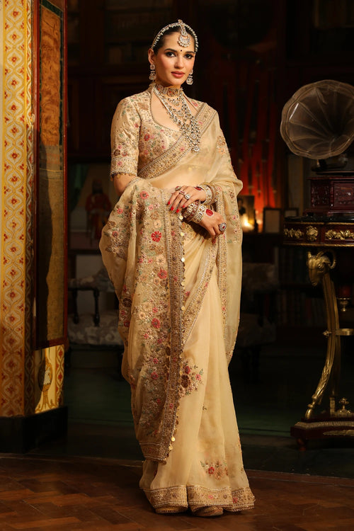 Ahista Ivory Mayur Applique Saree Set