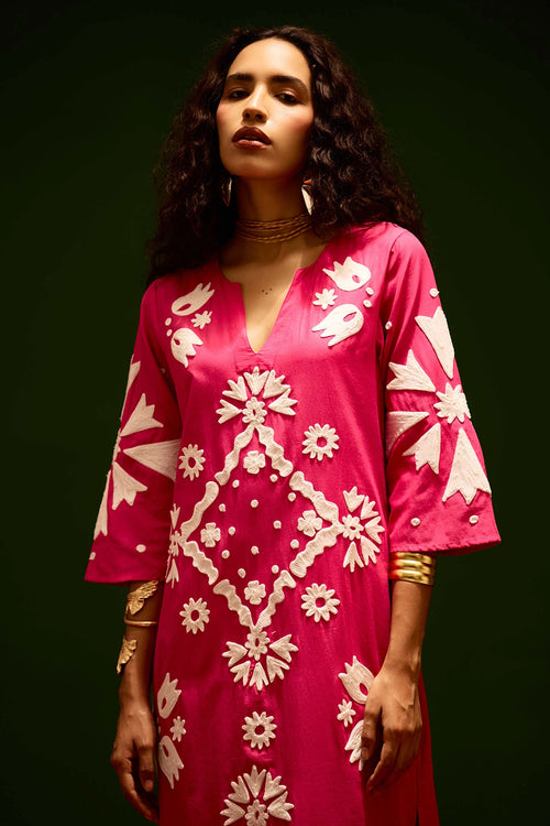 Fuchsia Cotton Maxi Dress with Thread Embroidery