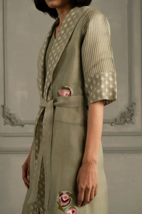 Sage Green Appliqué Organza Jacket with Top And Linen Pants