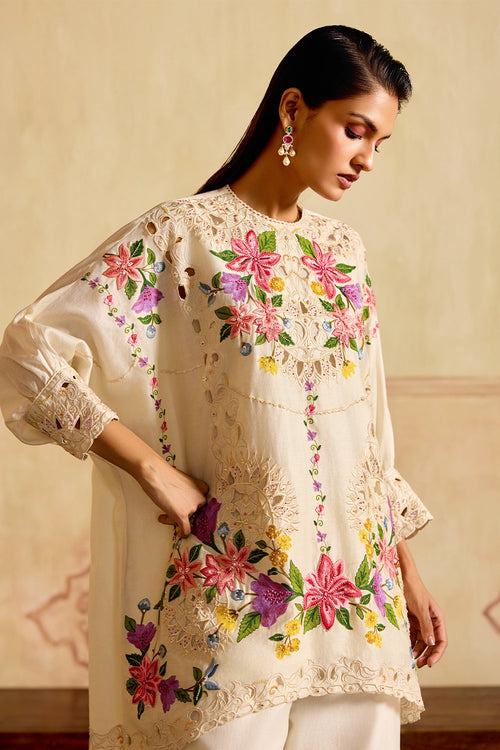 Ivory Embroidered Kimono Tunic with Cutwork Pants