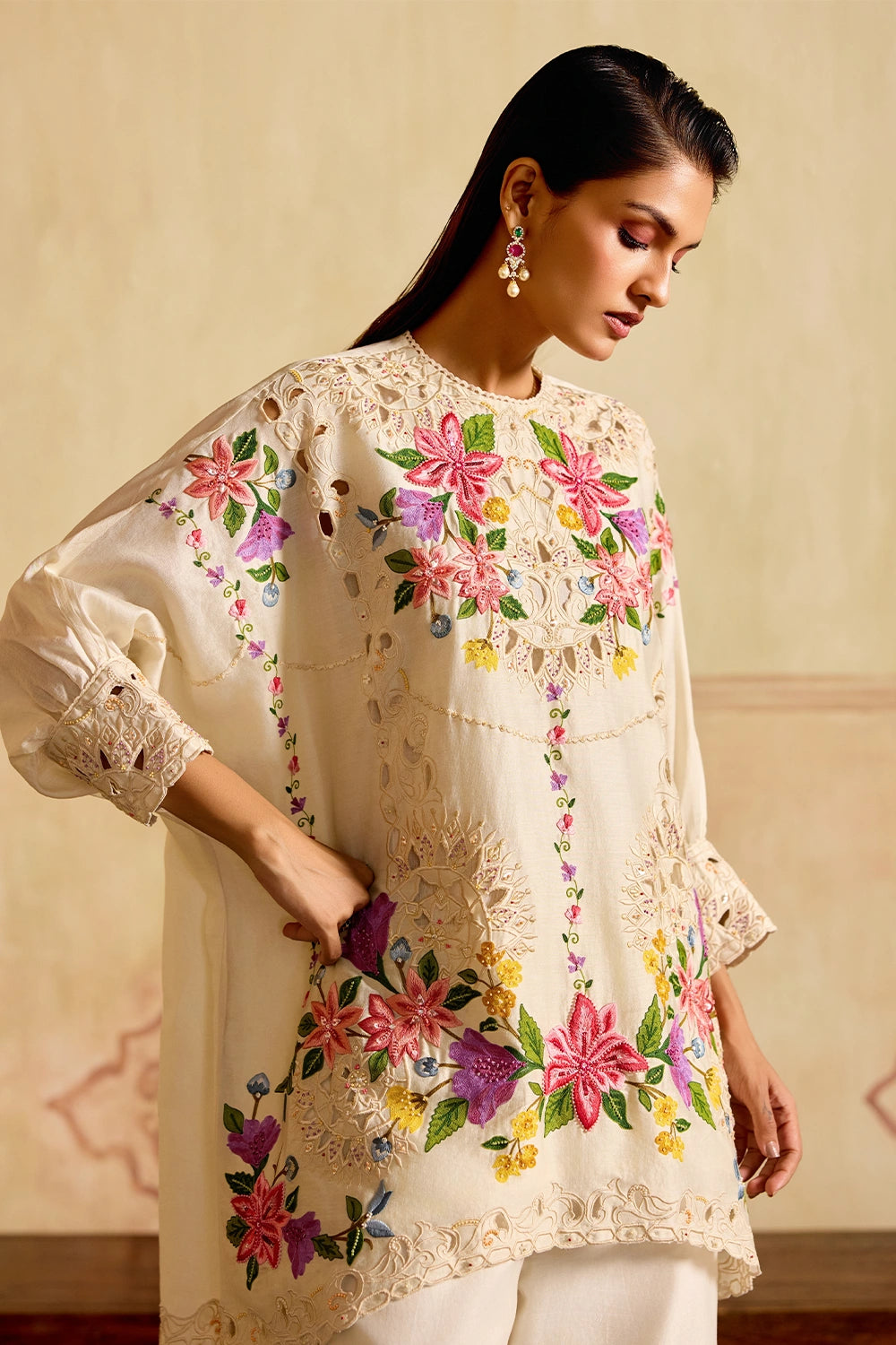 Ivory Embroidered Kimono Tunic with Cutwork Pants