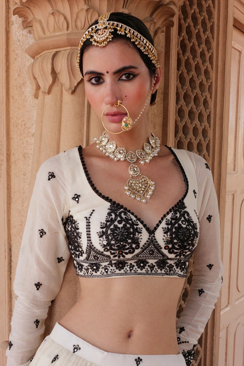 Black and White Tower Lehenga with Embroidered Dupatta