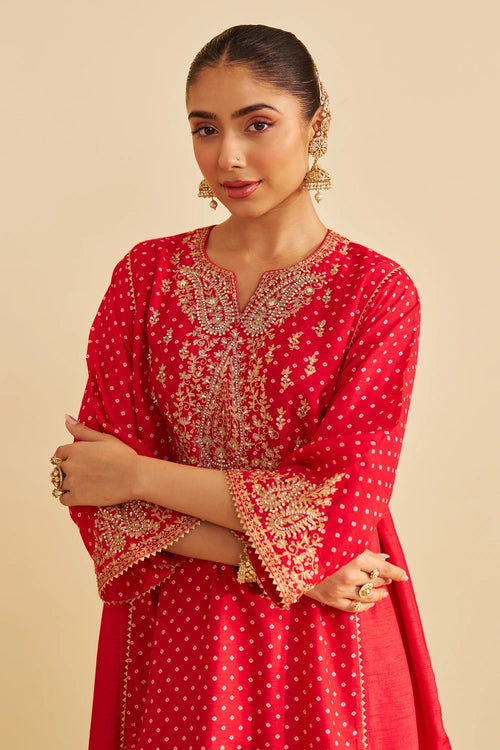 Kayra Red Short Gathered Chauga with Salwar