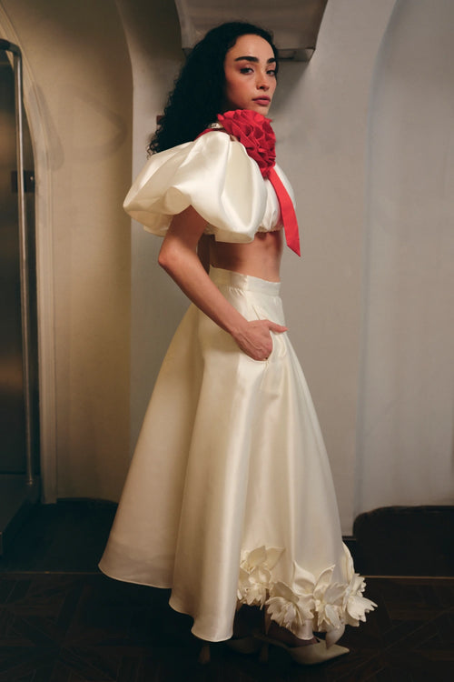 White Statement Crop Top And Skirt Set