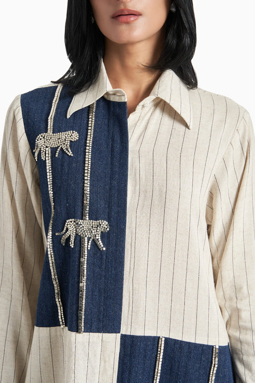 Beige Stripes Dark Denim Herringone Panel Shirt Dress