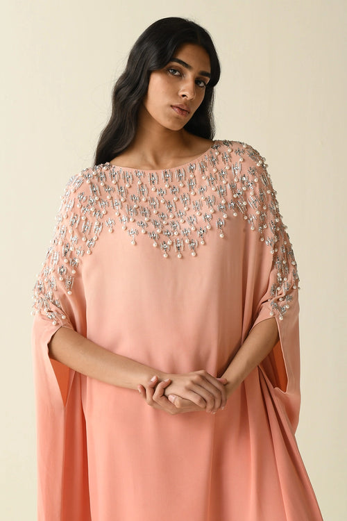 Pink Kaftan With Pearl And Bead Embellishments