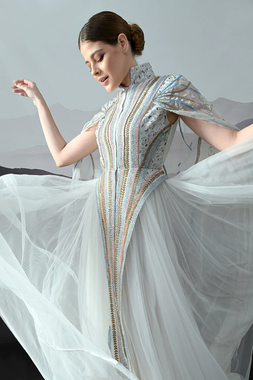Ivory Gown With Artisanal Stripe Embroidery And Translucent Overlay