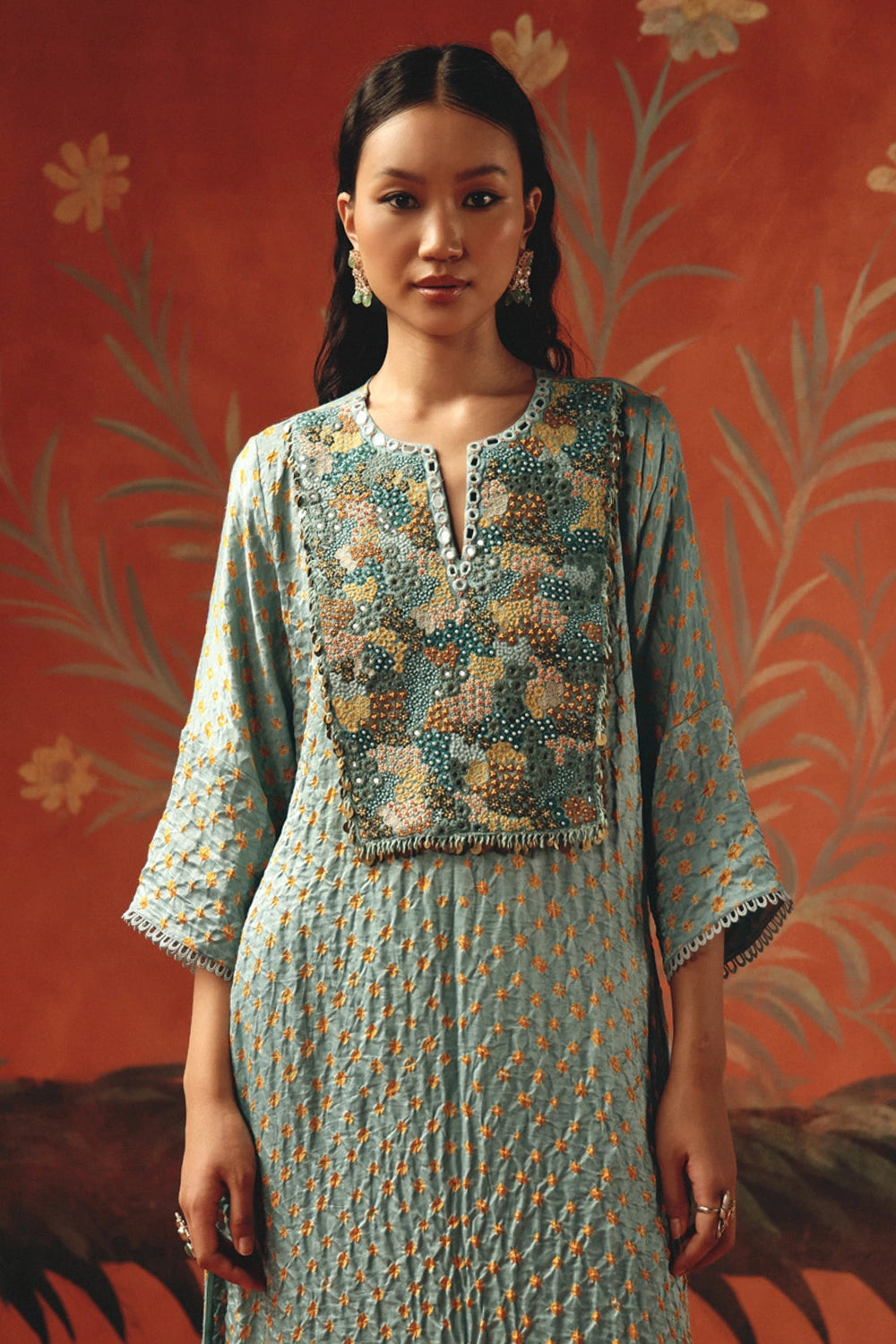 Sea Foam Bandhani Kaftan Kurta with Ankle Length Palazzos