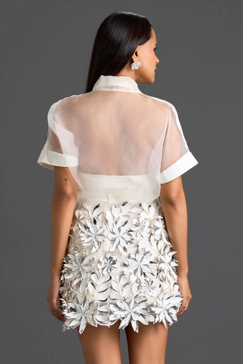 Sheer Top with Silver Floral Embroidery