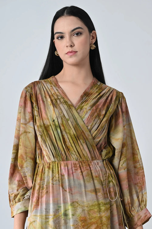 Beige Verdant Wrap Tiered Long Printed Dress