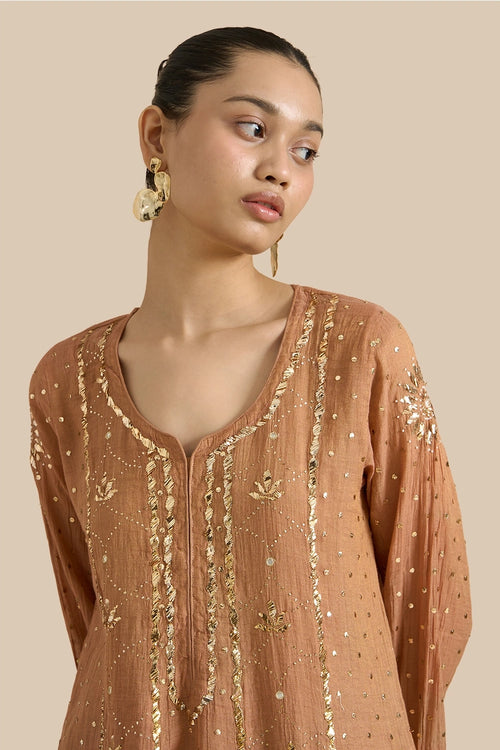 Tissue Kalidar Set With Kamdani Embroidery Aborned With Moti And Mirror Work