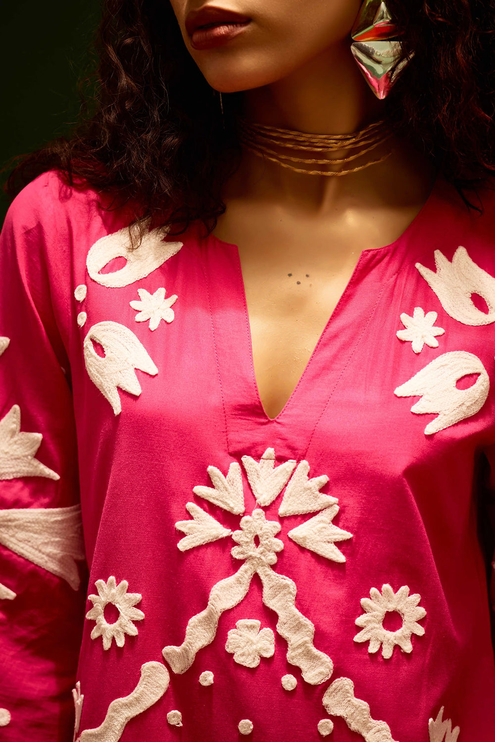 Fuchsia Cotton Maxi Dress with Thread Embroidery
