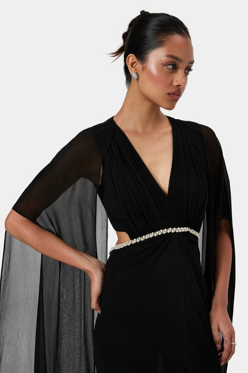 Black Embellished Draped Shoulder Gown