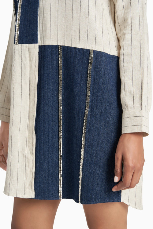 Beige Stripes Dark Denim Herringone Panel Shirt Dress