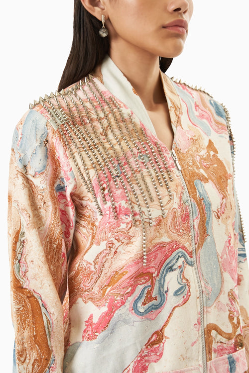 Pink Marble Denim  Embellished Jacket