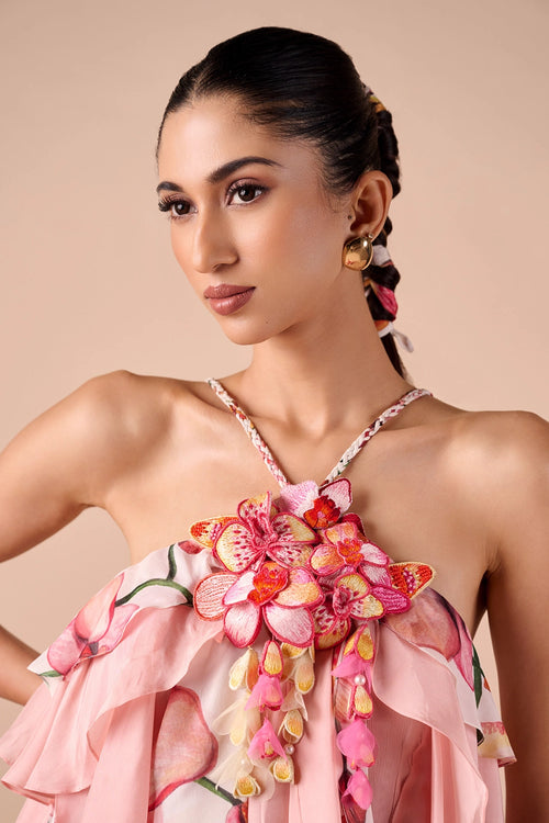 Pink Printed Ruffle Dress