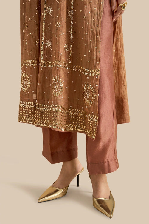 Tissue Kalidar Set With Kamdani Embroidery Aborned With Moti And Mirror Work