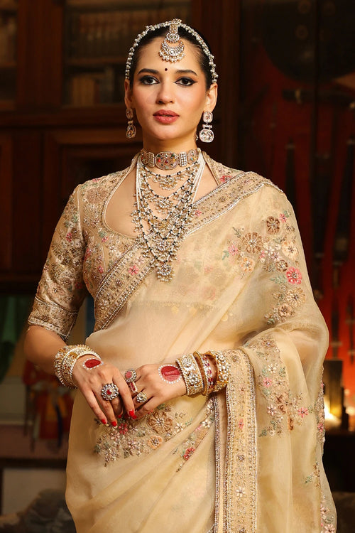 Ahista Ivory Mayur Applique Saree Set