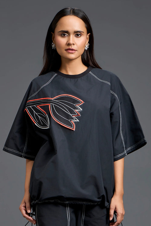 Black Oversized Floral Drawstring Top