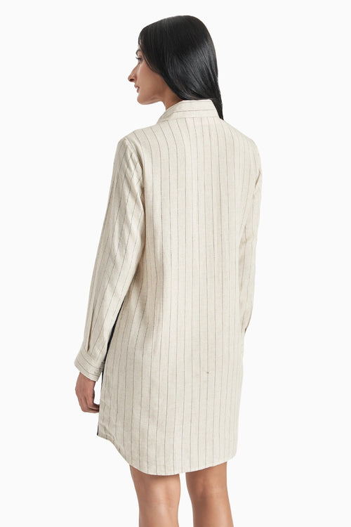 Beige Stripes Dark Denim Herringone Panel Shirt Dress
