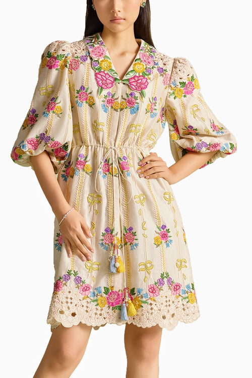 Ivory Floral Striped Short Shirt Dress