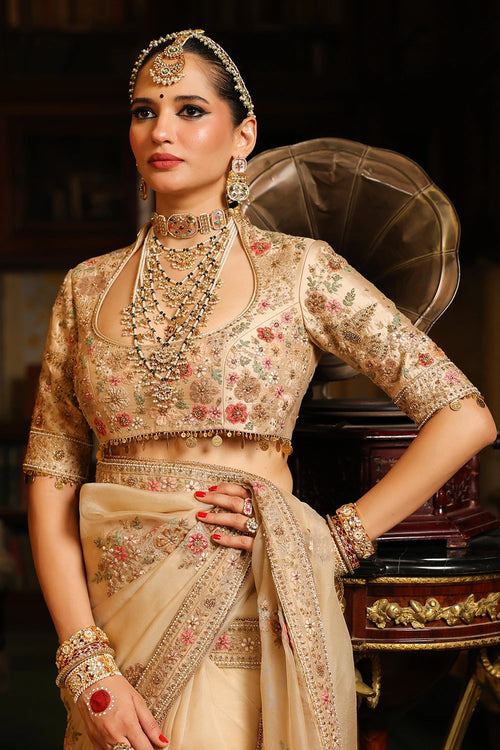 Ahista Ivory Mayur Applique Saree Set