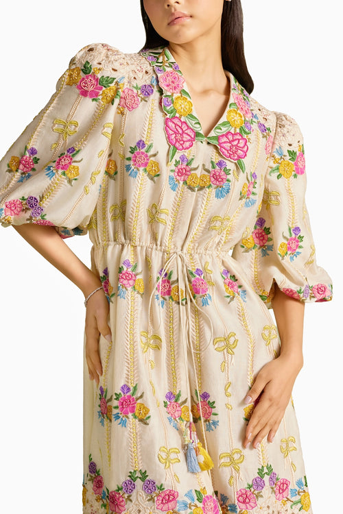 Ivory Floral Striped Short Shirt Dress