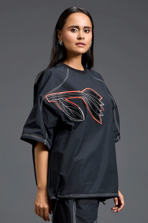 Black Oversized Floral Drawstring Top