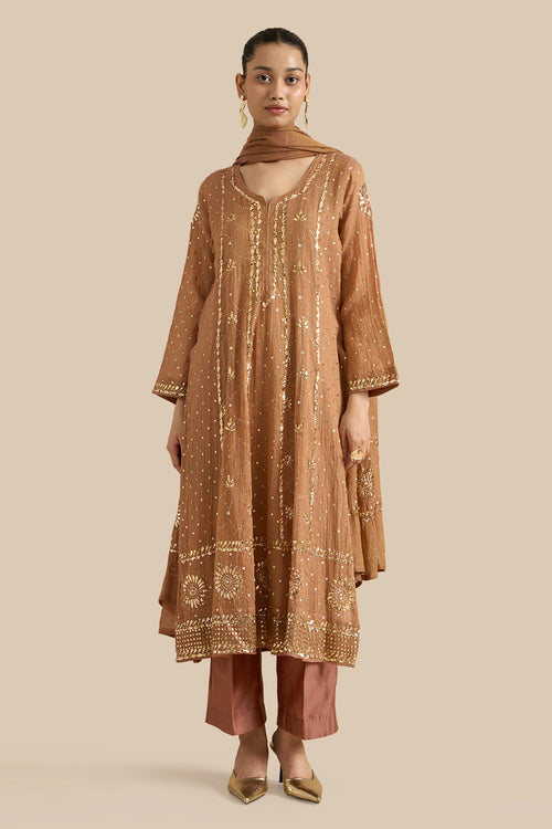 Tissue Kalidar Set With Kamdani Embroidery Aborned With Moti And Mirror Work