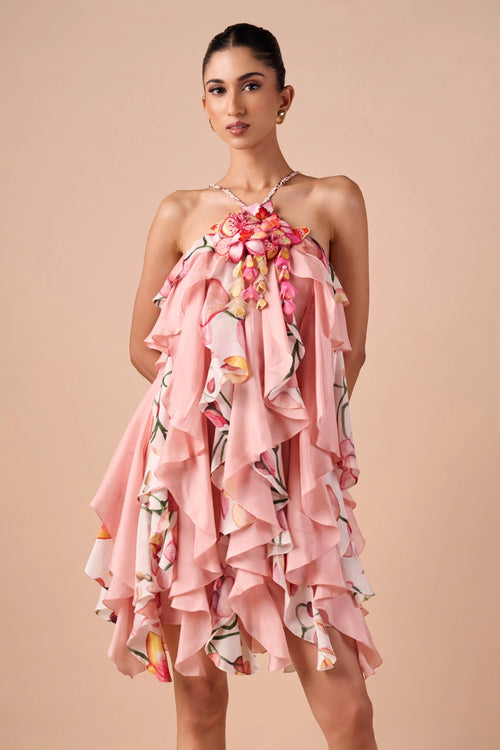 Pink Printed Ruffle Dress