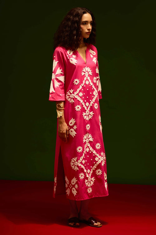 Fuchsia Cotton Maxi Dress with Thread Embroidery