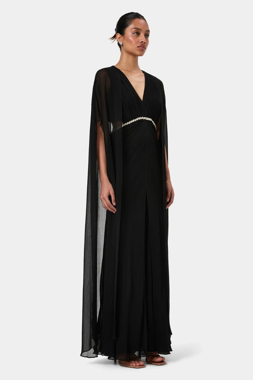 Black Embellished Draped Shoulder Gown