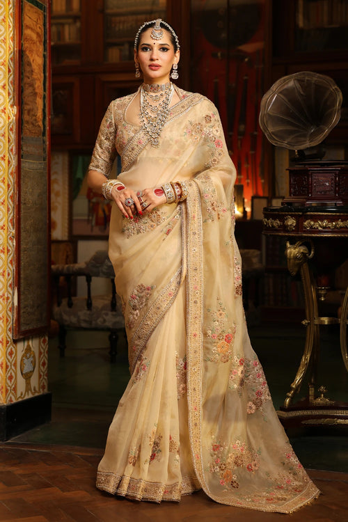 Ahista Ivory Mayur Applique Saree Set