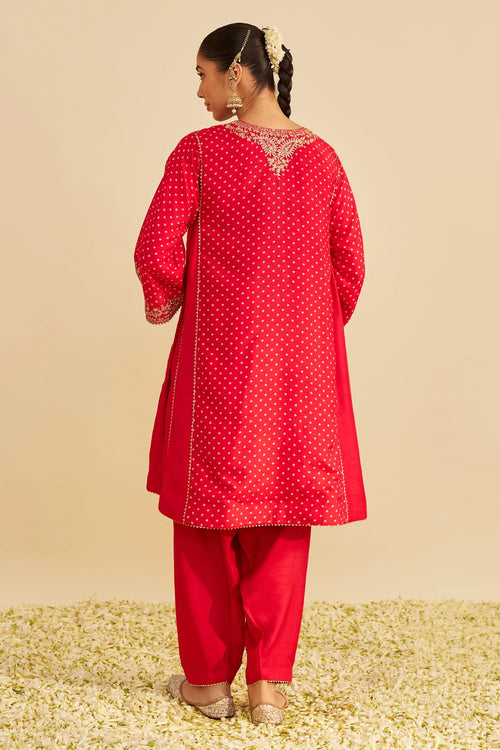 Kayra Red Short Gathered Chauga with Salwar