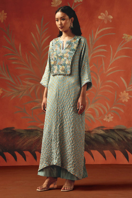 Sea Foam Bandhani Kaftan Kurta with Ankle Length Palazzos