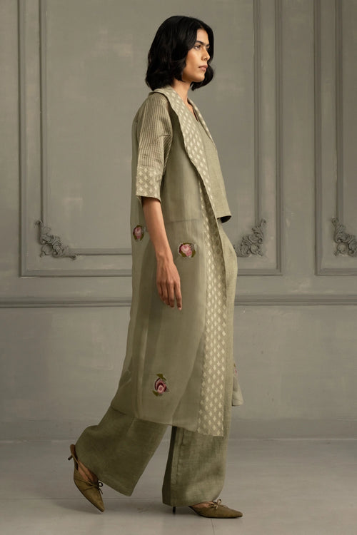 Sage Green Appliqué Organza Jacket with Top And Linen Pants