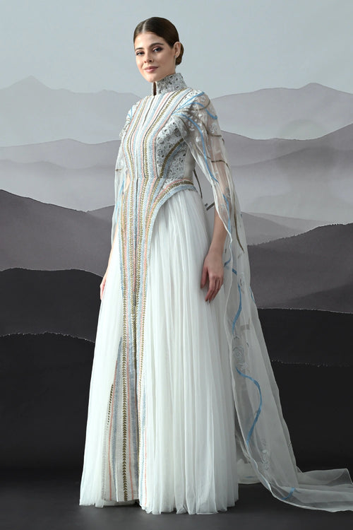 Ivory Gown With Artisanal Stripe Embroidery And Translucent Overlay